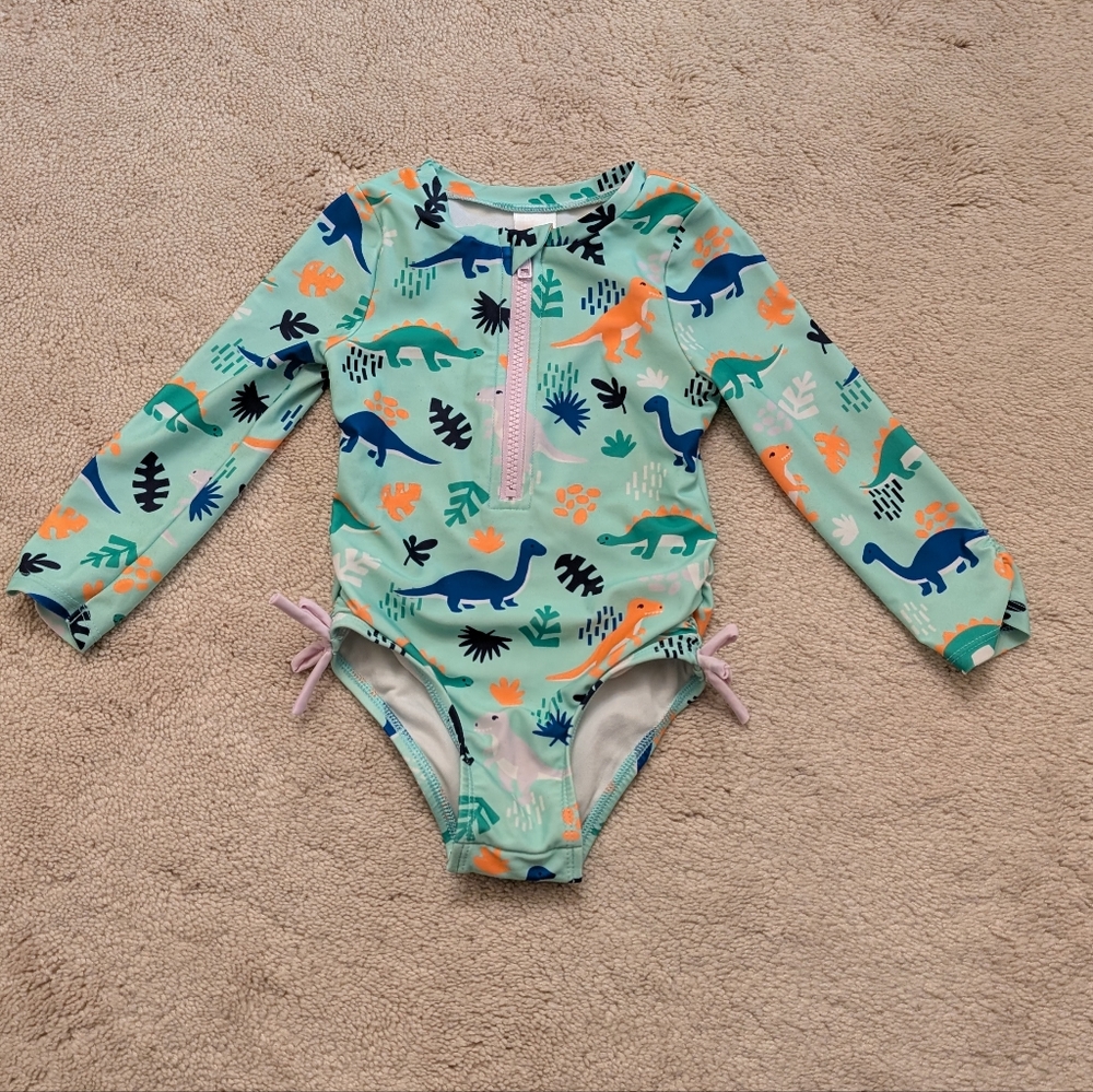 Cat & Jack Dinosaur Print Kids Swimwear - Rash Guard One Piece Swimsuit 2T